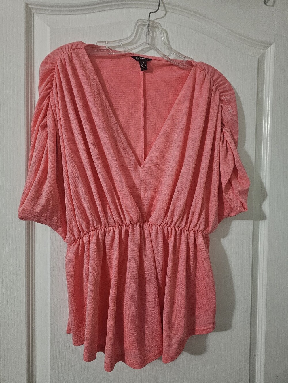 Versona Coral Pink Surplice V-Neck Ruched Sleeve Peplum Top